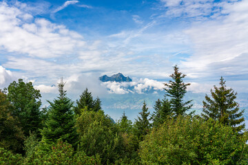 Panoramic view of the mountains at Lake Lucerne in Switzerland.