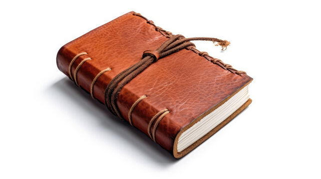 Antique leather-bound notebook on white background, a timeless relic of forgotten wisdom and vintage charm
