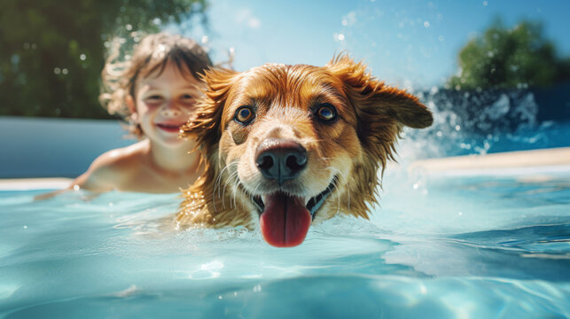 Happy child with his pet dog in a swimming pool