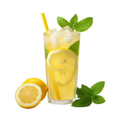 glass of lemonade with ice, lemon and mint isolated on white background, ai generated