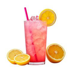 glass of pink lemonade with ice and orange isolated on white background, ai generated