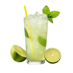 Fototapeta premium glass of limeade with ice, lime and mint isolated on white background, ai generated
