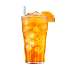 glass of orange soda with ice and tube isolated on white background, ai generated - obrazy, fototapety, plakaty