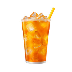 glass of orange soda with ice and tube isolated on white background, ai generated