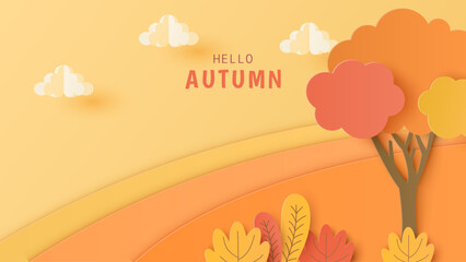 Paper art style of autumn landscape with trees, mountains, leaves. Vector illustration © jintana