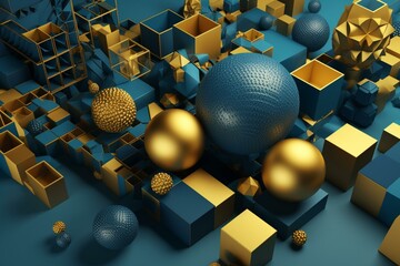 Top-down illustration of metallic blue and yellow geometric shapes with cubes and spheres at various heights. Generative AI