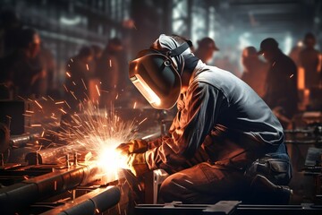 Close up of a man welding metal at a workplace in low light
