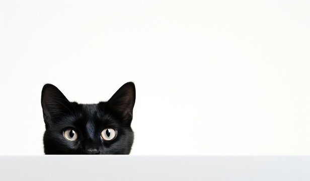 Black cat against white background with copyspace