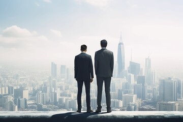 Back view silhouette of partnership two businessman standing together with high rise skyscraper building