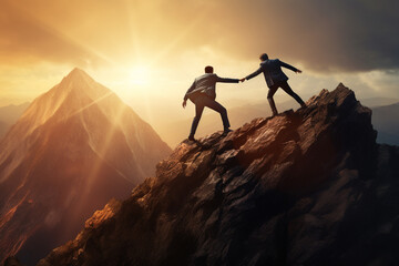 Businessman helping friend to reach on top of mountain with sun rising background. Teamwork concept.