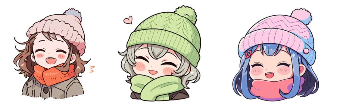 Cute girl wearing a hat and scarf set, looks cold icon vector cartoon Good mood, on a transparent background