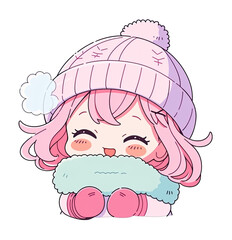 Cute girl wearing a hat and scarf, looks cold icon vector cartoon, on a transparent background V2