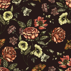 Vintage floral seamless pattern. Blooming dark flowers, Victorian wildflowers - 665651215