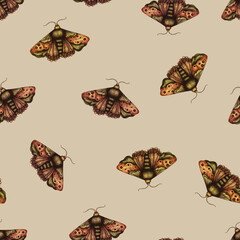 Vintage moth seamless pattern. Blooming dark butterfly