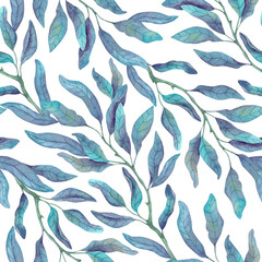 Seamless watercolor pattern with blue leaves on branches on a white background. Painted by hand. Natural design for printing on fabric, wrapping paper, cover, pouch.