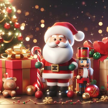 3D Christmas Illustration: Santa, Tree, Gift Box, and Nutcracker