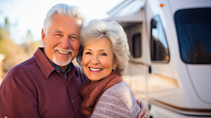 Seniors couple on a memorable road trip, showcasing their enthusiasm for exploration. RV motorhome or caravan vanlife