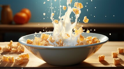 A bowl of milk with cereal falling into it