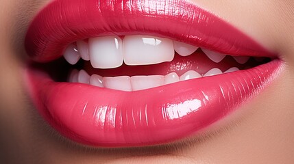 Close up view of beautiful woman lips with red lipstick. Fashion makeup.