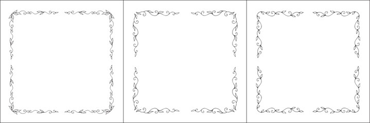 Set of three vector frames. Elegant black and white monochrome ornamental corners for greeting cards, banners, invitations. Vector frame for all sizes and formats. Isolated vector illustration.