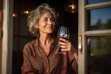 Happy 60 year old woman drinking a glass of wine at home - obrazy, fototapety, plakaty