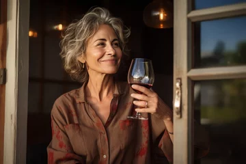 Abwaschbare Fototapete Happy 60 year old woman drinking a glass of wine at home © esp2k