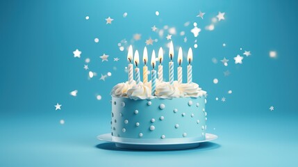 Birthday cake with blue birthday frosting ready for birthday party, blue background - obrazy, fototapety, plakaty