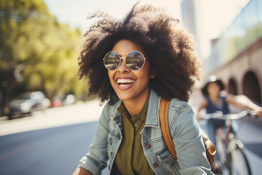 Hipster smiling black woman confident as she is commuting riding her bicycle.