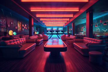 Bowling club with neon effect. Bowling room. Sports game. - obrazy, fototapety, plakaty