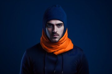 Colorful studio portrait of a young man wearing cold weather clothes to keep him warm. Autumn or winter outfit. Bold, vibrant and minimalist. Generative AI