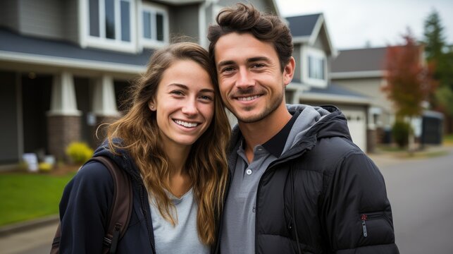 Couple standing in front of new house