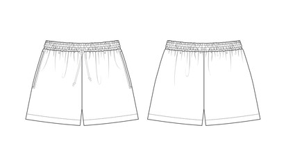 Fashion technical drawing of swimming trunks. Fashion skatch of shorts