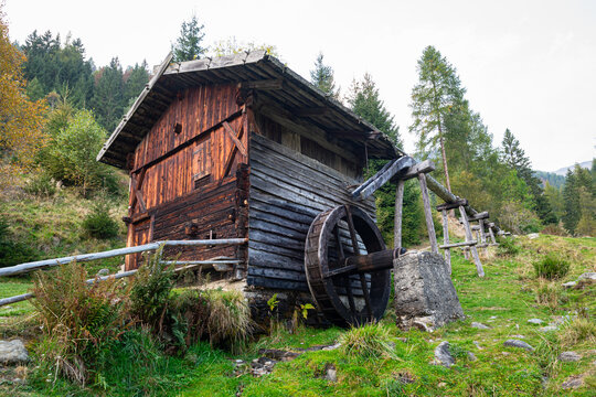 Old water mill on a mountainside near the place of Terenten (Italian: Terento) in South Tyrol, Italy
