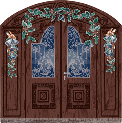 Wooden door with stained glass window, polycounter, art deco, texture of door with iron arc gate, doors, massive decorated doors, vector, flat pattern