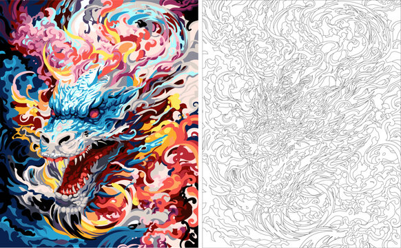 Coloring by numbers, Black and white dragon drawing, complex line art, intense line art vector, flat image