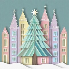 <イラスト・クリスマスイメージ>雪の街並みと大きなクリスマスツリー