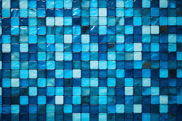 Blue mosaic texture with tiles of varying shades from light to dark and sizes arranged in a grid-like pattern captured in close-up detail.