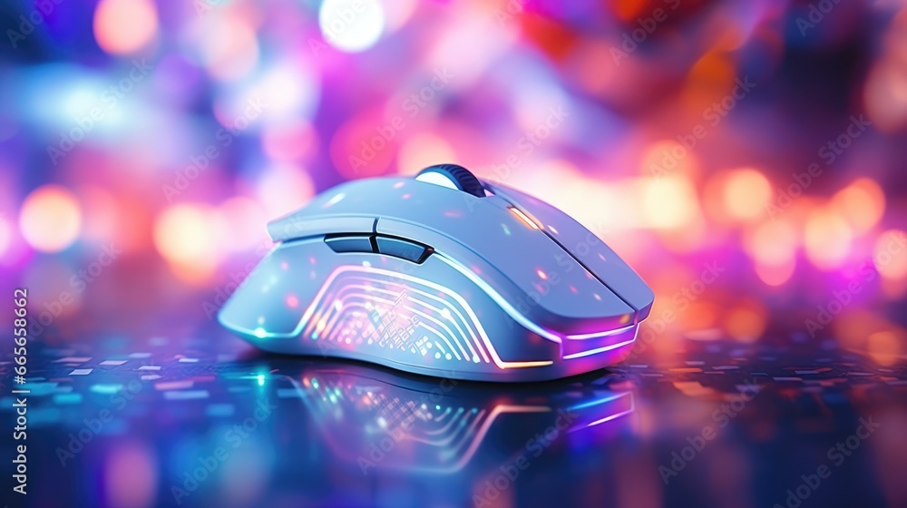 Poster a white computer mouse sitting on a table, surrounded by colorful lights. the mouse is a gaming mous