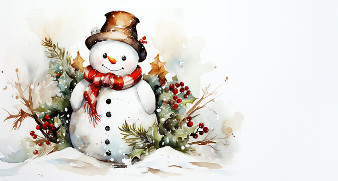Cute snowman on winter white background. Christmas watercolor illustration. Concept: clipart for holiday design, sticker, background, invitations, greeting cards. Generative Al.