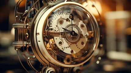 A steampunk clock with a large, round face and a brass border. The clock is surrounded by gears and other mechanical elements. - obrazy, fototapety, plakaty