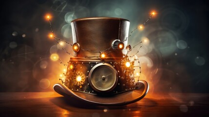 A steampunk top hat with a clock and lights on it. The top hat is made of leather and has a pointed brim. The clock is made of metal and has a round face. The hat is sitting on a wooden table.