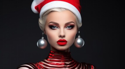 Creative women's festive New Year's Christmas winter look for a party or corporate event: makeup and styling. It is snowing