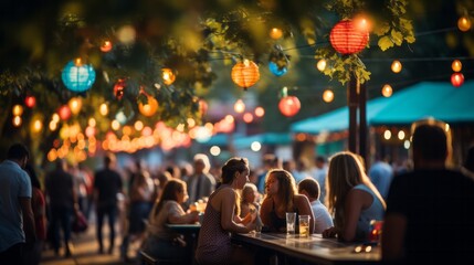 A bustling street fair filled with pedestrians under the glow of overhead party lights. Shallow depth of field, bokeh and intentional blur. - obrazy, fototapety, plakaty