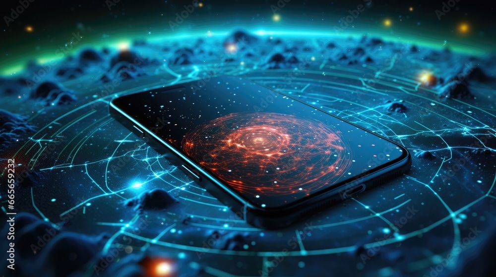 Poster a cell phone in the middle of a galaxy, surrounded by stars and planets. they are arranged in a circ