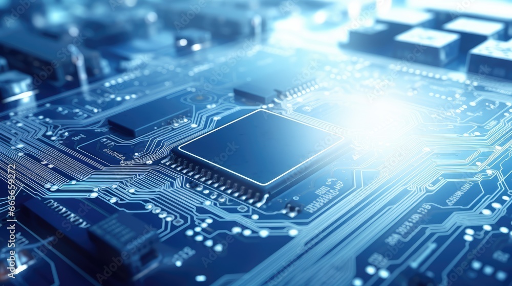 Poster a close-up of a motherboard with a cpu on it. the cpu is located in the center of the motherboard, a