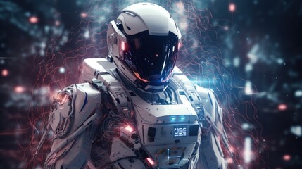 The image shows a futuristic robot wearing a helmet and standing in front of a starry sky. The robot is standing on a rocky surface. The sky behind the robot is filled with stars.