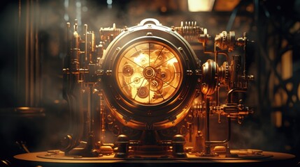 Fototapeta na wymiar A steampunk clock with a large, round face and a brass border. The clock is surrounded by gears and other mechanical elements.