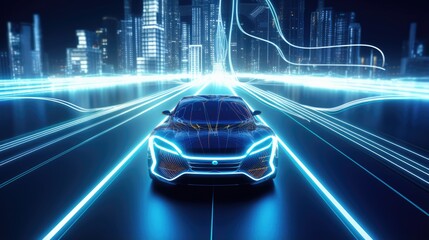 A futuristic car is driving down a highway with neon lights. The car is sleek and aerodynamic, with a smooth, silver body. 