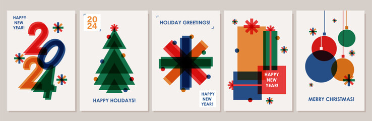 Set of creative colorful cards, flyers, posters for 2024 New Year. Numbers design. Christmas greetings. Modern minimal flat style.