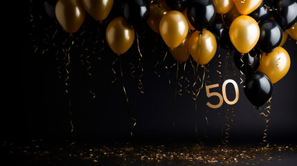 Background for a 50 years birthday, golden wedding anniversary, golden numbers on a black background. Golden and black balloons. Golden numbers. Party invitation, menu.	